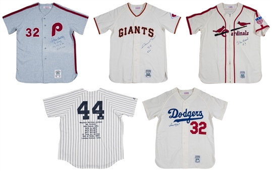 Lot of (5) Hall of Famers Signed & Inscribed Cooperstown Collection Jerseys: Carlton, Jackson, Musial, Mays & Koufax (PSA/DNA & JSA) 